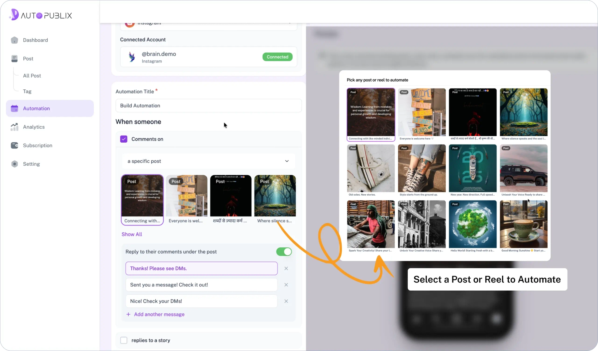 AutopubliX Analytics style preview for selecting posts or reels.